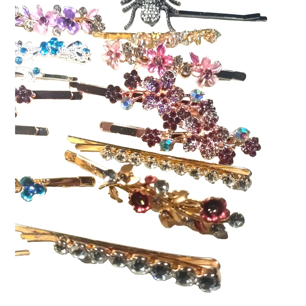 Lot Of 15 Fancy Bobby Pin Hair Barrettes Colorful Rhinestone